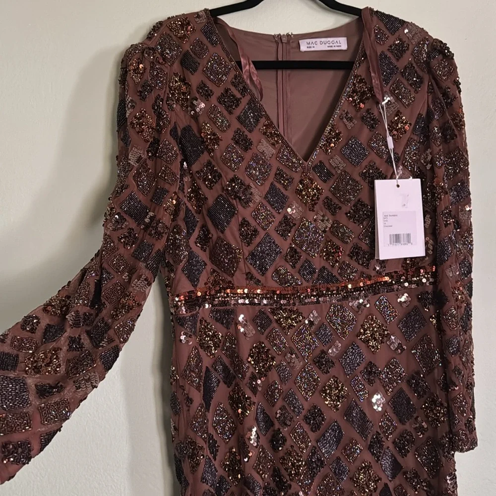 MAC DUGGAL size 14 Brown Geo Embellished Midi Sheath Dress - Picture 7 of 9